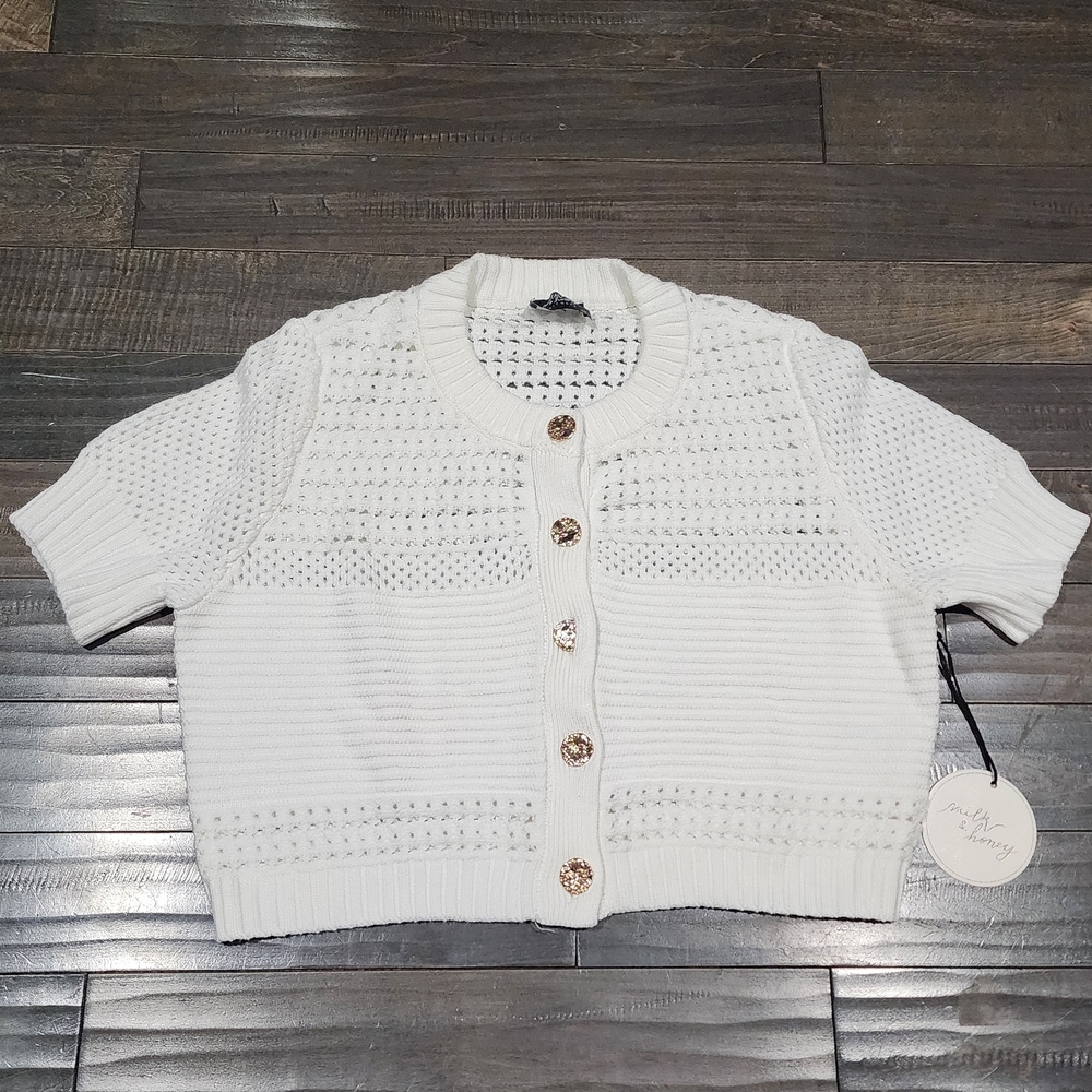 White Cropped Knit Button-Front Cardigan - Picture 2 of 5